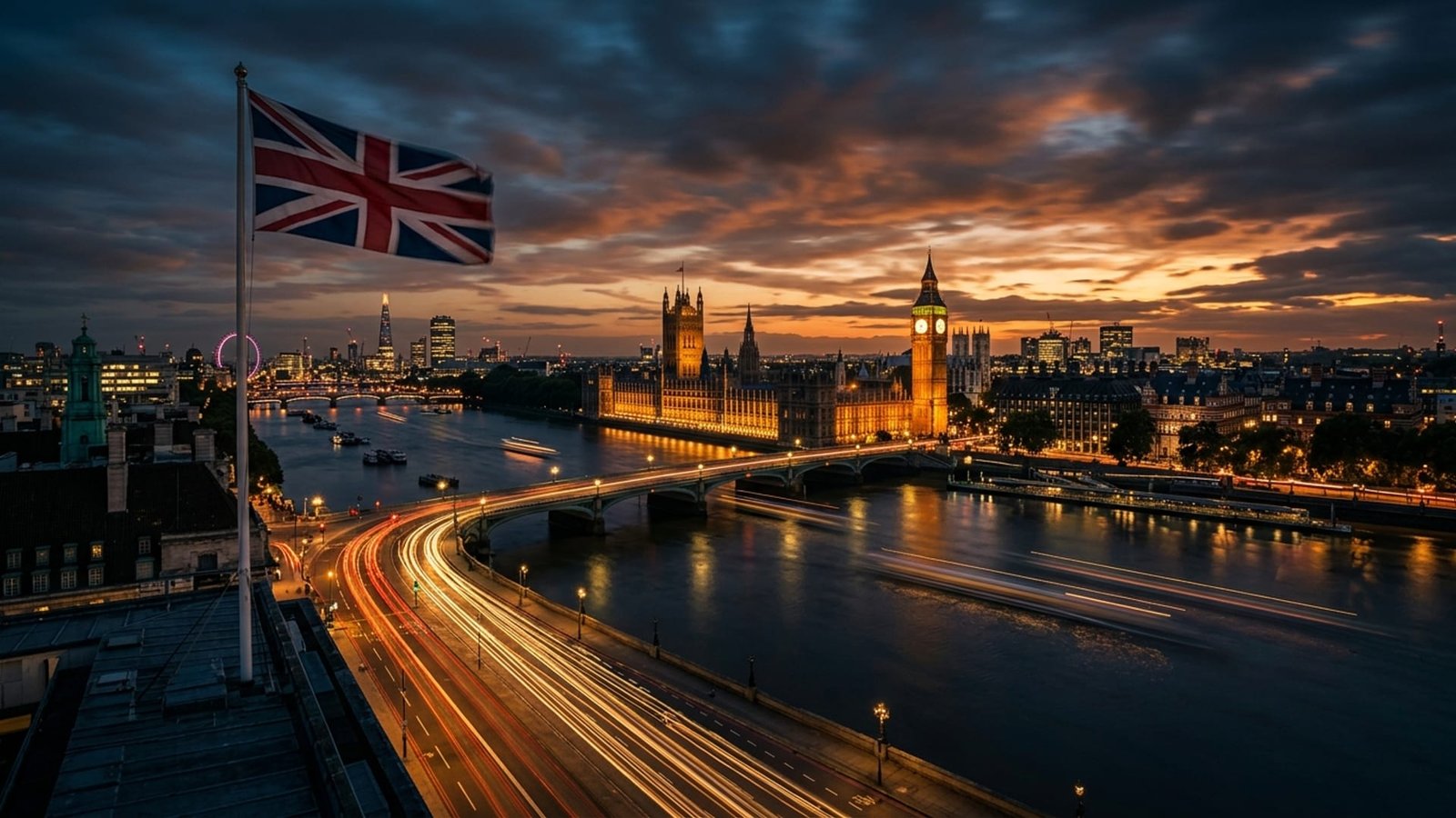 United Kingdom London Skyline with Union Jack Flag at Dusk