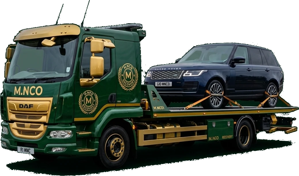 M.NCO Specialist Flatbed Recovery Truck Carrying Luxury Car